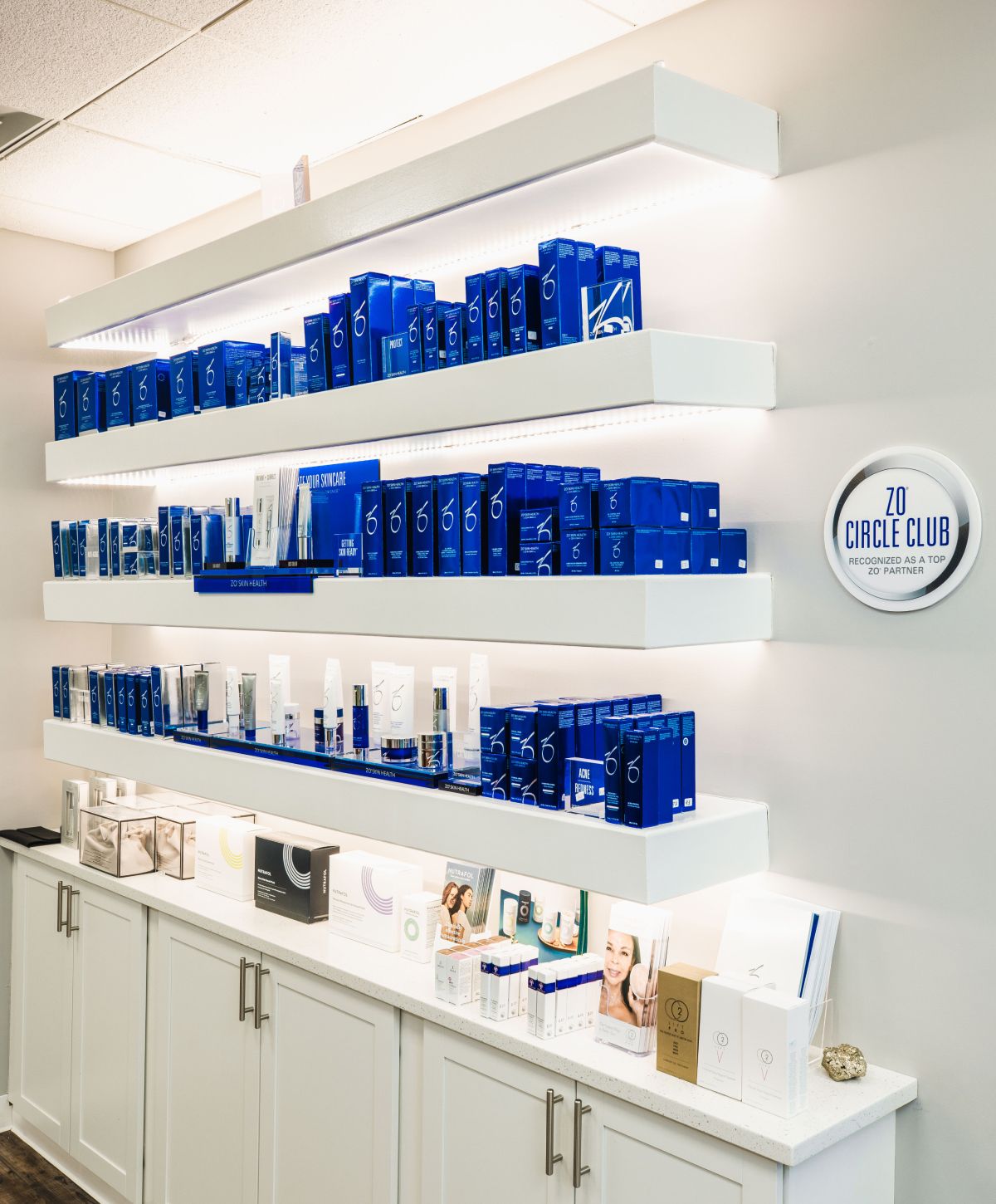 Skincare product display in a retail environment.